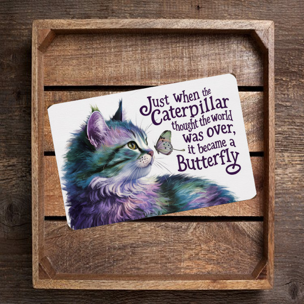 Whimsical "Just When The Caterpillar Thought The World Was Over" Cat & Butterfly Metal Sign Vibrant Wall Art With Inspirational Message 8x12