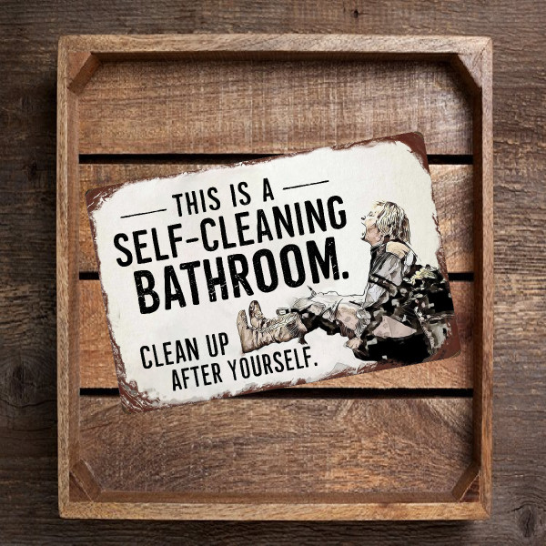 Vintage-Style "This Is A Self-Cleaning Bathroom. Clean Up After Yourself" Sign - Humorous Rustic Decor With Relaxed Figure Illustration 8x12
