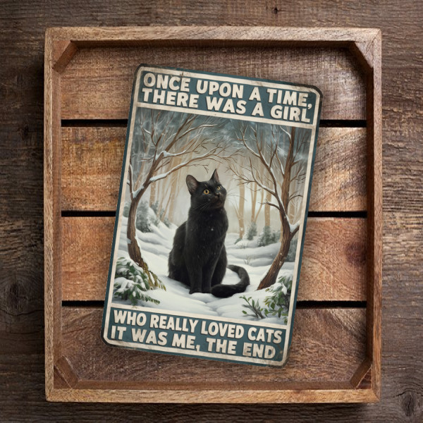 Vintage-Style "Once Upon A Time, There Was A Girl Who Really Loved Cats" Metal Sign - Serene Winter Scene With Black Cat 8x12