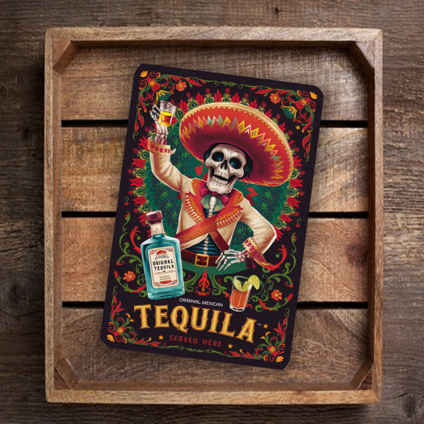 Vibrant "Tequila Served Here" Day Of The Dead Skeleton Sign - With Colorful Sombrero And Floral Patterns 8x12