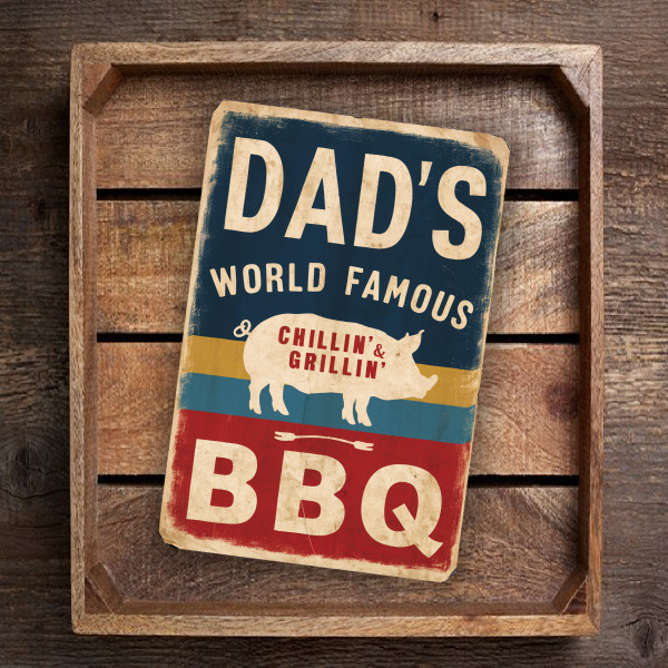 Vintage-Style "Dad's World Famous BBQ" Sign - Rustic Blue, Yellow, And Red Stripes With Pig Illustration 8x12