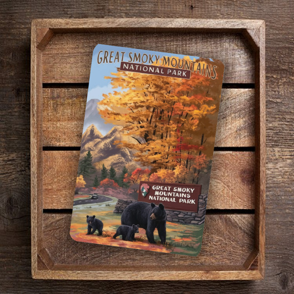 Great Smoky Mountains National Park Sign – Autumn Black Bear Family Scene – Rustic Fall Wall Decor For Cabin, Lodge, Or Nature Lovers 8x12