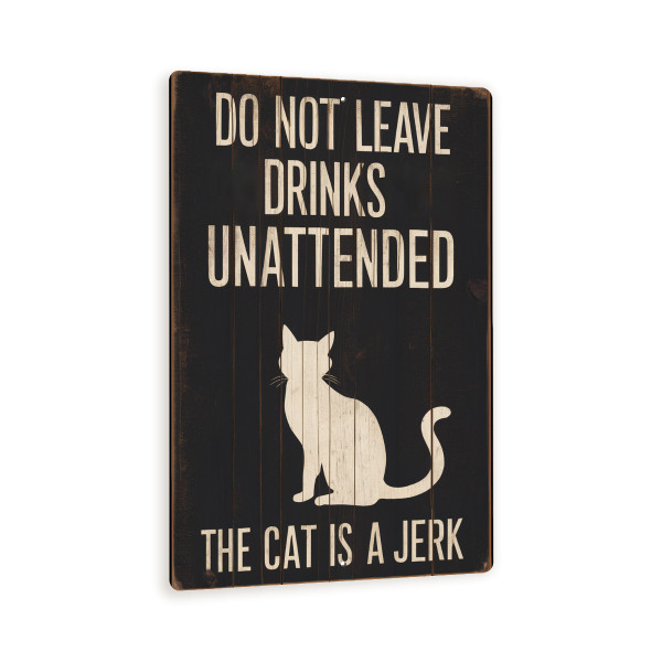 The Cat Is A Jerk Sign 8x12 - Funny Cat Wall Sign – Do Not Leave Drinks Unattended – Rustic Metal Cat Decor For Home, Kitchen, Or Bar