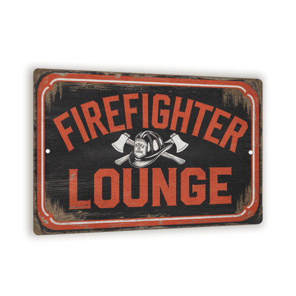 Firefighter Lounge Vintage Metal Sign – Rustic Fire Helmet And Axes Wall Decor – Firefighter Gift For Home Bar, Garage, Or Station 8x12