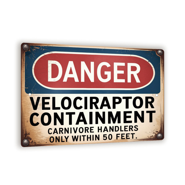 Velociraptor Containment Sign – 8x12 Vintage Dinosaur Warning Metal Wall Art, Funny Decor For Garage Or Man Cave