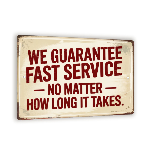 Fast Service Funny Metal Sign – 8x12 Vintage Wall Decor, Rustic Humor Plaque, Retro Shop Or Garage Sign With Distressed Cream Finish