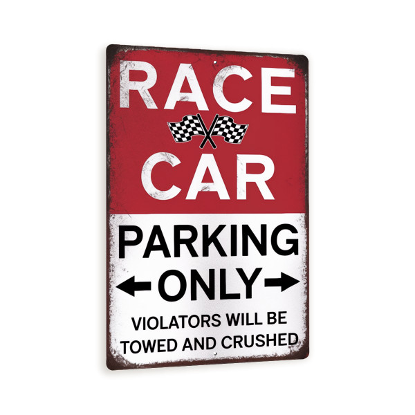 Race Car Parking Only Sign – 8x12 Vintage Metal Garage Decor, Funny Retro Racing Wall Art, Checkered Flag Auto Shop Humor Plaque