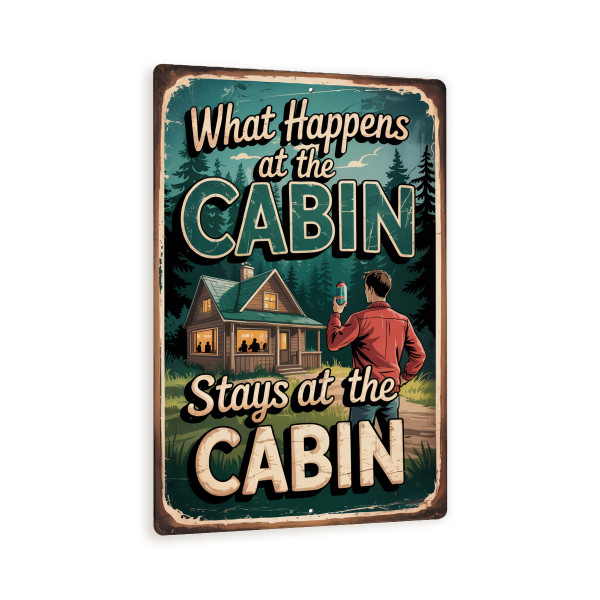 What Happens At The Cabin Stays At The Cabin Sign – 8x12 Vintage Metal Wall Art, Rustic Forest Lodge Decor, Funny Outdoor Cabin Plaque