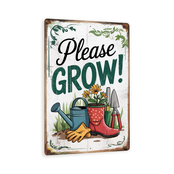 Please Grow Garden Sign – 8x12 Vintage Metal Yard Decor With Watering Can & Flowers – Whimsical Outdoor Garden Art For Plant Lovers