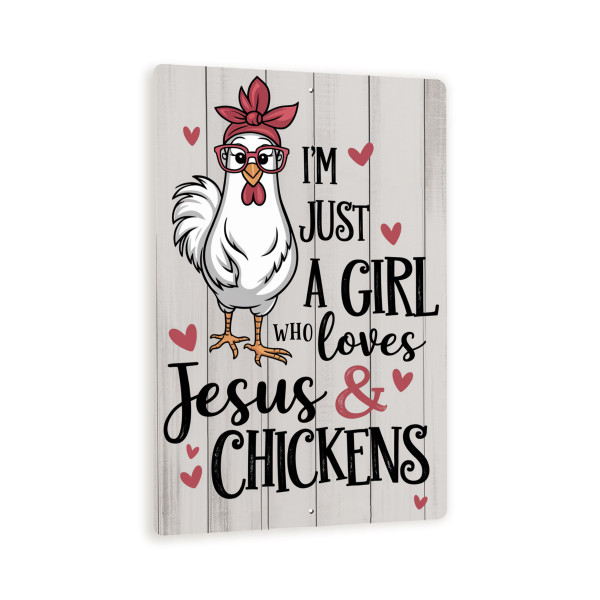 I'm Just A Girl Who Loves Jesus & Chickens Sign 8x12 – Cute Rooster Wall Art, Farmhouse Metal Decor, Rustic Funny Gift For Christian Women