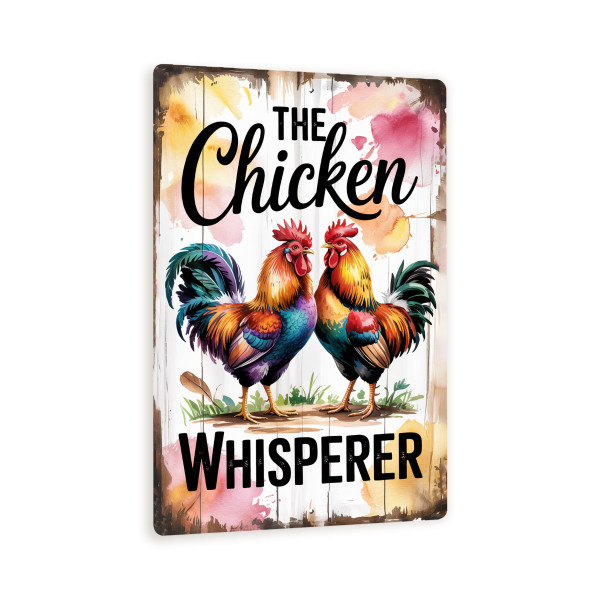 The Chicken Whisperer Sign – Rustic Watercolor Rooster Metal Farmhouse Decor – Funny Wall Art For Chicken Lovers, Coops, Or Gifts 8x12