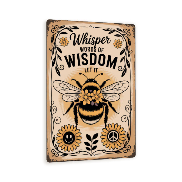Whisper Words Of Wisdom Sign – Vintage Bumblebee Wall Art With Sunflowers – Let It Be Rustic Metal Sign For Home, Garden, Or Bee Lovers 8x12
