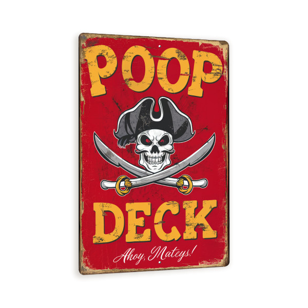 Poop Deck Pirate Sign – Funny Nautical Bathroom Metal Wall Decor With Skull, Swords & Distressed Red Vintage Style 8x12