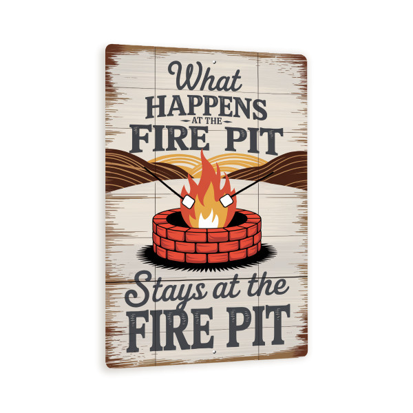 What Happens At The Fire Pit Sign – Vintage Campfire Metal Wall Art, Rustic S’mores Decor For Cabin, Patio, Or Backyard BBQ 8x12