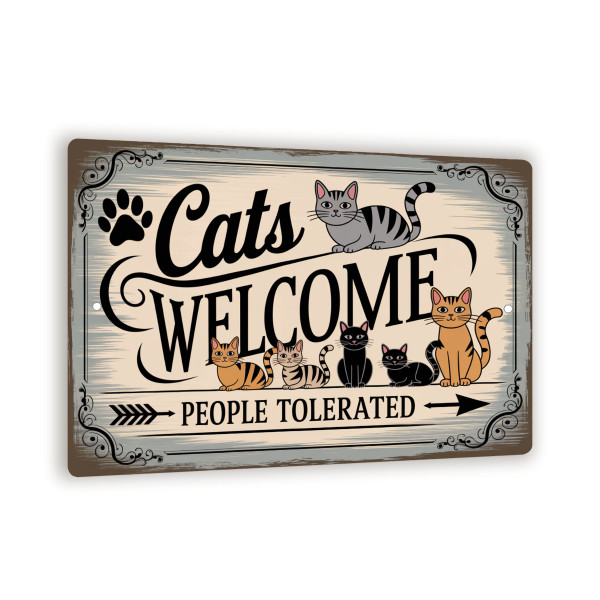 Cats Welcome People Tolerated Sign – Funny Metal Wall Decor With Cute Cartoon Cats, Rustic Pet Lover Gift, Distressed Aluminum Panel 8x12
