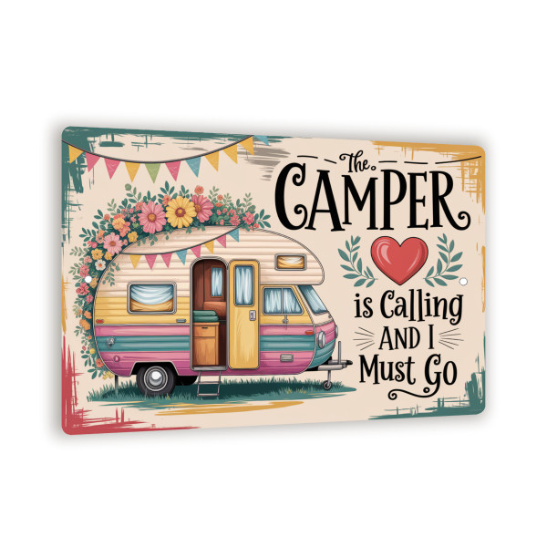 The Camper Is Calling And I Must Go Sign – Vintage Boho RV Wall Art, Floral Retro Trailer Metal Camping Decor 8x12