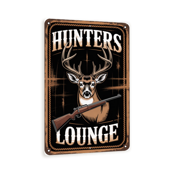 Hunters Lounge Metal Sign – Vintage Deer And Rifle Wall Art, Rustic Lodge And Cabin Decor With Distressed Brown Border 8x12