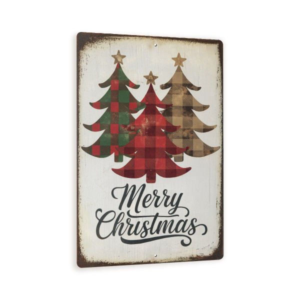 Merry Christmas Plaid Tree Sign – Vintage Farmhouse Metal Wall Art With Red, Green & Brown Buffalo Plaid Trees, Rustic Holiday Décor 8x12
