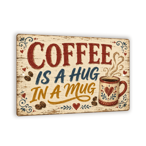 A Hug in a Mug Sign, Cozy Farmhouse Kitchen Wall Decor, 8x12 Metal