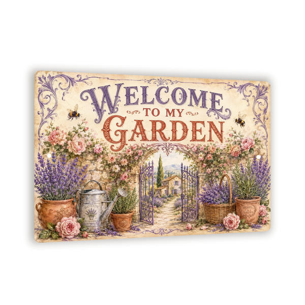Welcome to My Garden Sign, French Provence Lavender Wall Decor, 8x12 Metal