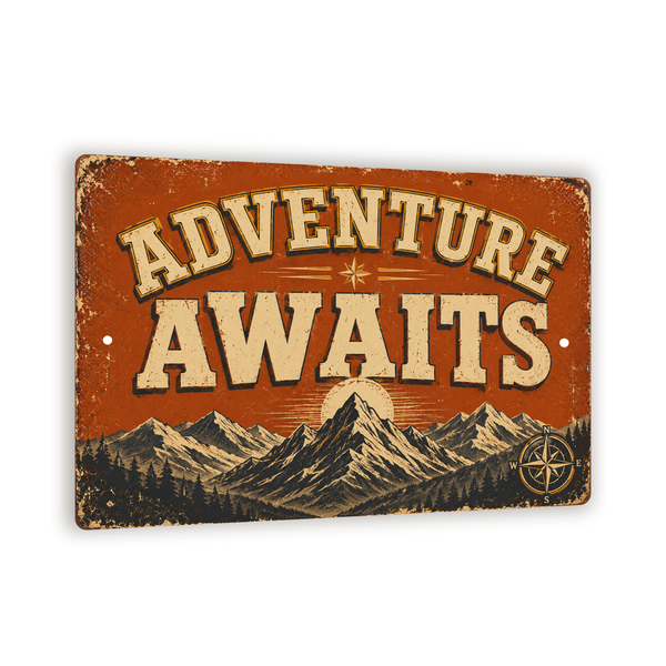 Adventure Awaits Sign, Rustic Explorer Wall Decor, 8x12 Metal