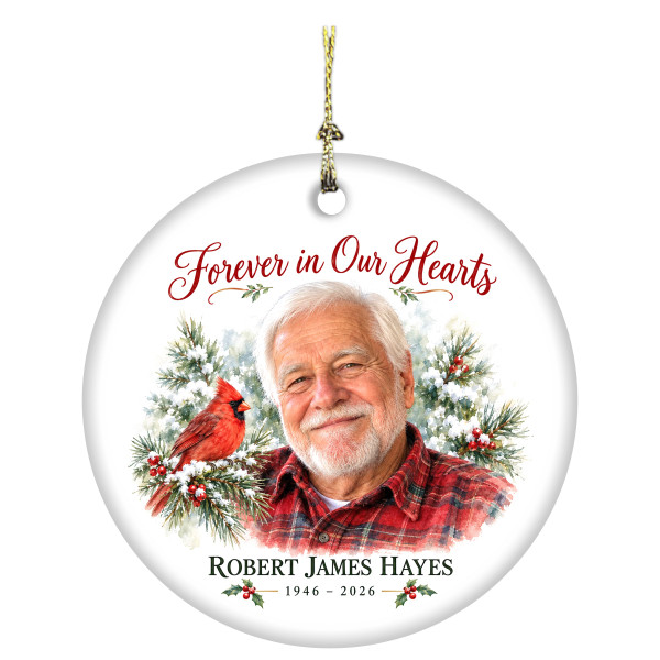 Custom Memorial Christmas Ornament from Your Photo - Personalized in Loving Memory Keepsake - 3" Round Ceramic Keepsake with Gift Box