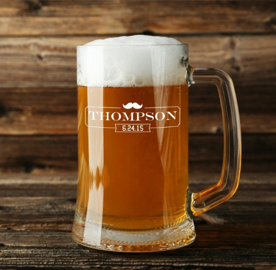 Personalized Engraved 16 Ounce Glass Beer Mug With Mustache Design (Sold Individually)