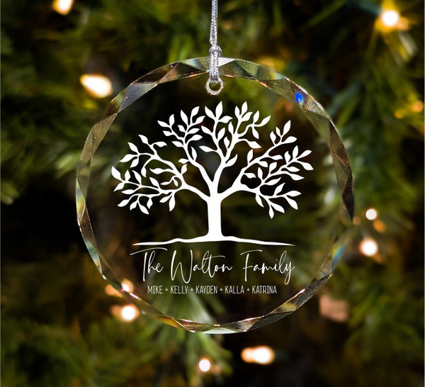 Family Tree With Family Names Personalized 3 Inch Crystal Christmas Ornament With Gift Box