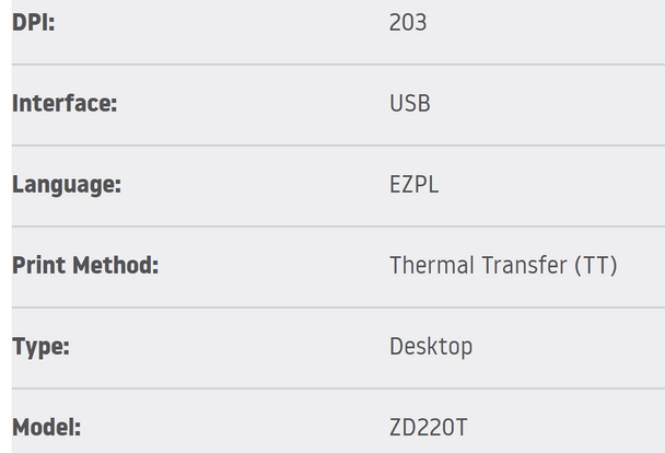 Zebra D/TOP ZD220T 203DPI T/T USB AU