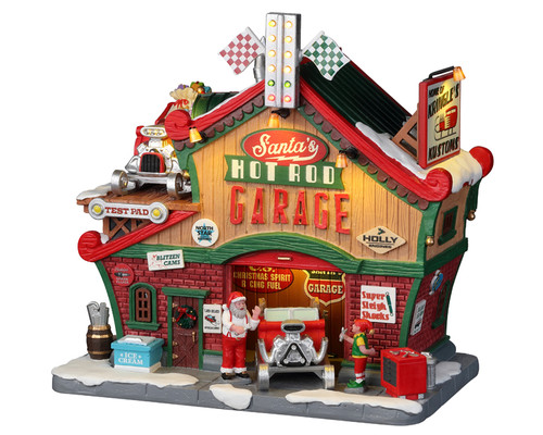 25863 - Santa's Hot Rod Garage, with 4.5-Volt Adaptor - Lemax Santa's Wonderland Christmas Village Houses & Buildings