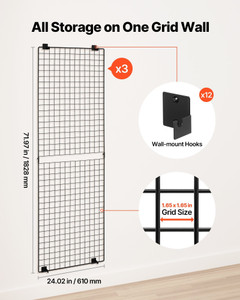 3 Packs Grid Wall Panels, 2 x 6 ft Wire Grid Panels Display Rack, Wall-Mounted Art Display Shelf, B E415-BGWGQ7080INC1MICW001V0