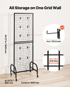 Grid Wall Panel, 1.9 x 5.4 ft Wire Grid Panels Display Rack, Movable Art Display Shelf with Wheels  E415-LSWGQ6070INCBK7NM001V0
