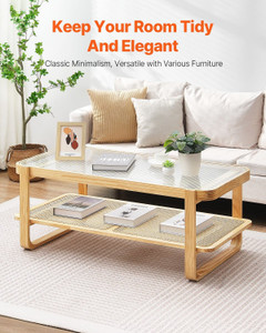 Rattan Coffee Table, Rectangle Rattan Woven Wood Coffee Table with Tempered Glass Top, 45-Inch Mode E415-ZFXKFZYMSSMZBVF8VV0