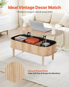 39.4 in Lift Top Coffee Table, Fluted Oval Coffee Table with 3 Hidden Compartment, Mid Century Wood E415-KFZ394INCHQZYMQPW001V0