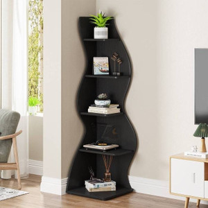 Modern 5 Shelf Corner Bookcase in Black Wood Finish Q280-BLKTDS45798