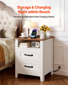 Farmhouse Nightstands, with Charging Station, Set of 2, End Tables with 2 Drawers and Open Shelf, B E415-BCGBSBZHBCTJOT344001V1