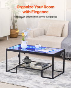 Coffee Table, Modern Tempered Glass Coffee Table with Lighting, 2 Tiers Rectangle Glass Center Desk E415-JSKFZKFSSNJS7YG2I001V9