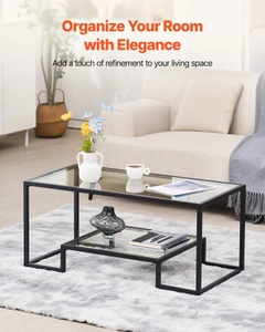 Coffee Table, Modern Tempered Glass Coffee Table, 2 Tiers Rectangle Glass Center Desk with Open Sto E415-JSKFZKFSSNJSO0RHT001V0