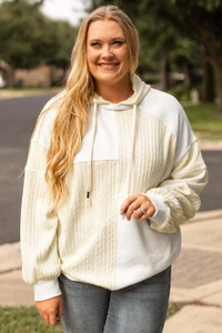 Beige Textured Patchwork Exposed Seam Plus Size Hoodie T543-8797429661938