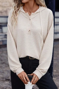 Apricot Solid Textured Drawstring Henley Hoodie T543-8783366488306
