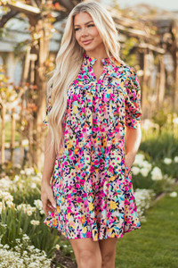 Pink Floral Puff Short Sleeve V Neck Mini Dress T543-8784173269234