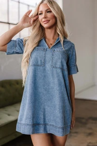 Beau Blue Short Sleeve Collared Patched Pocket Denim Mini Dress T543-8787270369522