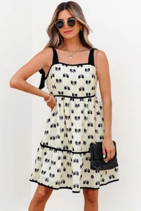 White Bow Knot Color Contrast Trim Knotted Shoulder Mini Dress T543-8791250141426