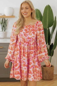 Rose Floral Print Square Neck High Waist Mini Dress T543-8793121784050