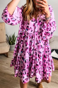 Rose Leopard Print Buttoned Front 3/4 Sleeve Tiered Ruffled Hem Dress T543-8797465313522