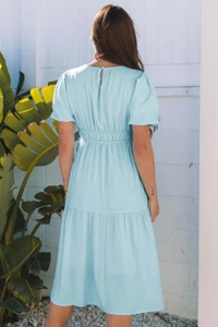 Light Blue Puff Sleeve Pleated High Waist Flowy Midi Dress T543-8791249191154