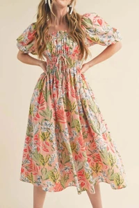 Apricot Pink Floral Smocked Bust Bubble Short Sleeve Maxi Dress T543-8787282297074