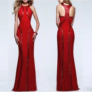 Paillettes Embellished Slim Fashion Women Long Evening Dress - Red A392-fasd0085