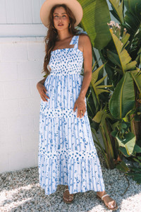 Sky Blue Floral Smocked Tied Straps A-Lined Tiered Maxi Dress T543-8779806933234