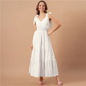 Summer Bow-knot Shoulder Strap Solid Color French Style Romantic Jacquard Dress - White A392-fasd0182